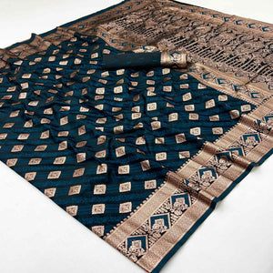 Dark Teal Classic Floral & Peacock Zari Weaving Satin Silk Saree With Sophisticated Drape