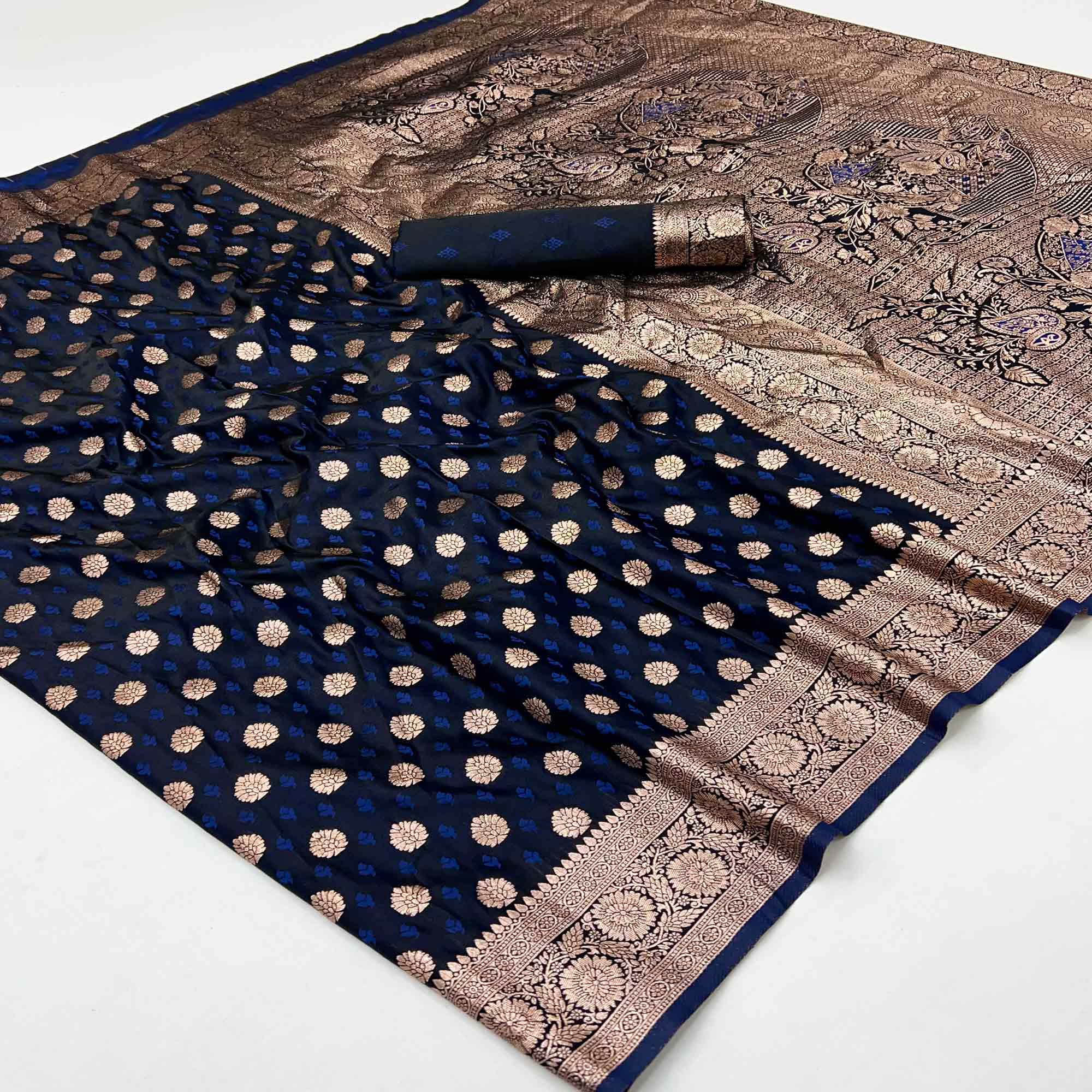 Navy Blue Classic Floral Zari Weaving Satin Silk Saree With Sophisticated Drape