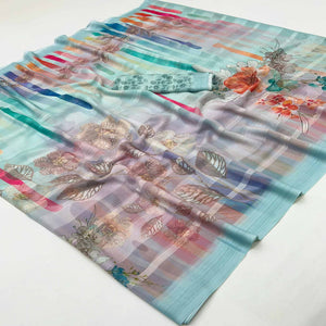 Blue Contemporary Floral Digital Printed Silk Blend Saree With Textured Striped Weaving