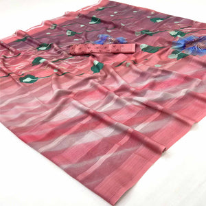 Coral Pink Silk Blend Saree With Floral Digital Prints & Striped Weaving Design