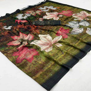 Trendy Olive Green Leaf Digital Printed Silk Blend Saree With Textured Striped Weaving