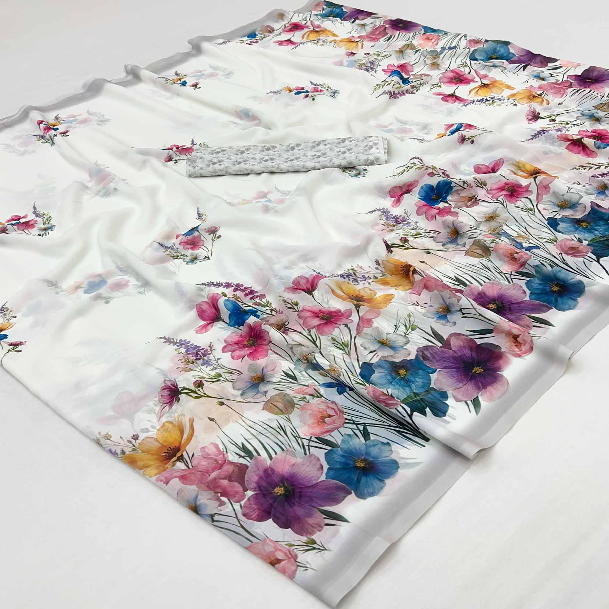 White Floral Digital Print Georgette Saree With Graceful Appeal