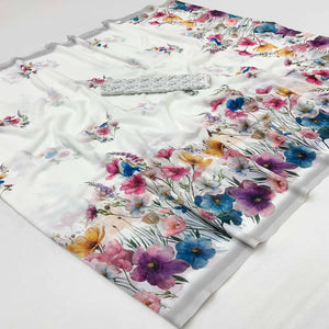 White Floral Digital Print Georgette Saree With Graceful Appeal