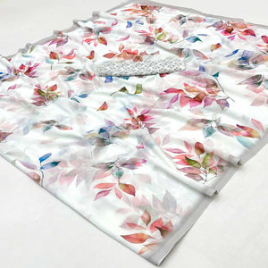 Chic White Floral Printed Georgette Saree For Effortless Elegance