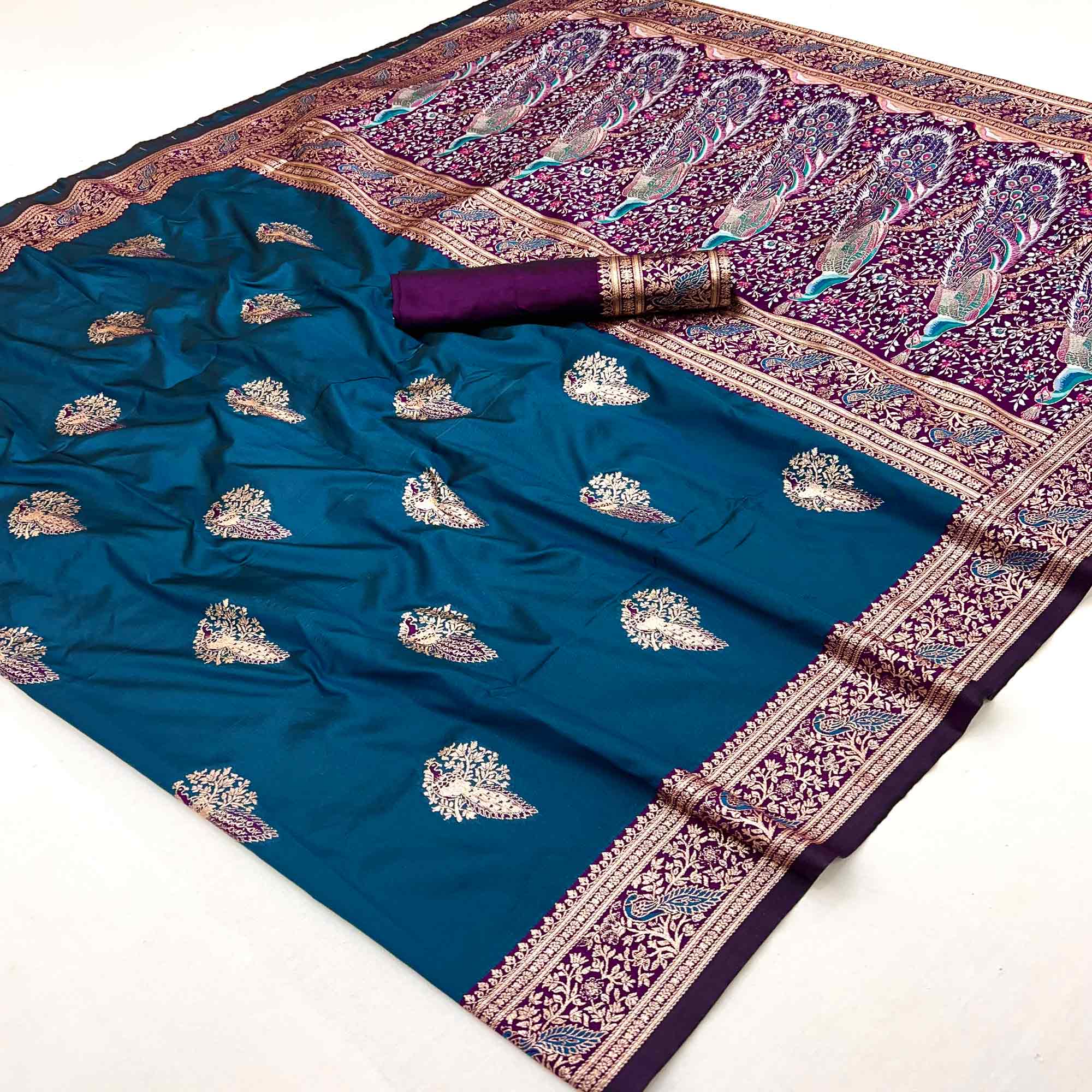 Classic Morpich Blue Silk Blend Saree With Ornate Peacock & Floral Zari Woven Motifs