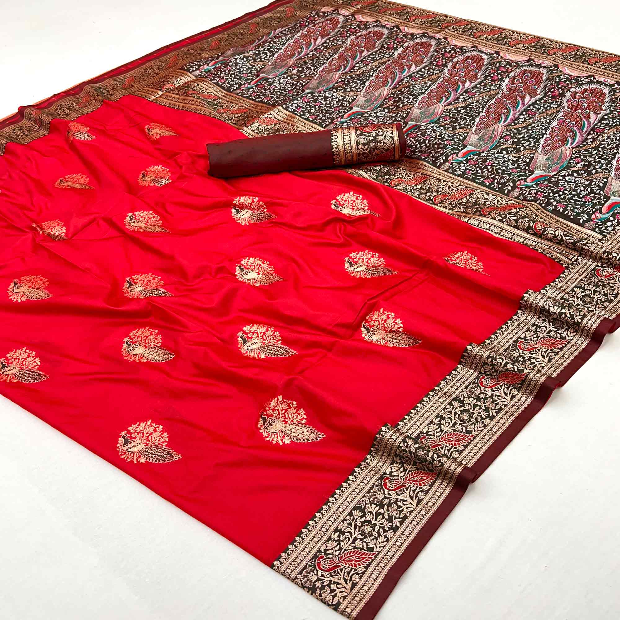 Classic Red Silk Blend Saree With Ornate Peacock & Floral Zari Woven Motifs