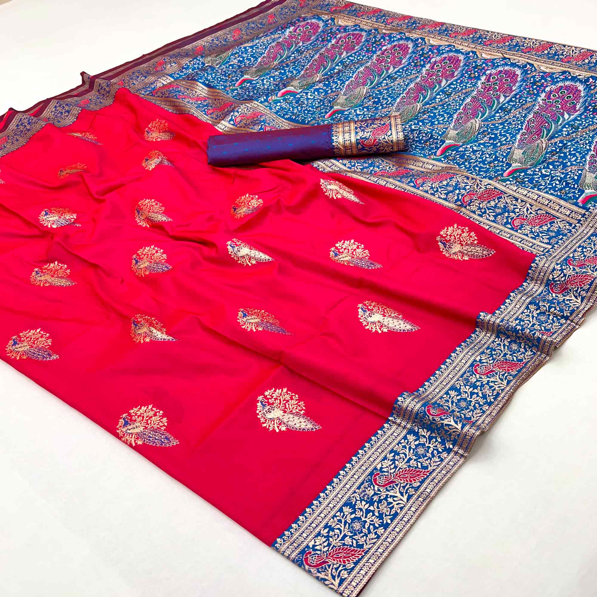 Classic Pink Silk Blend Saree With Ornate Peacock & Floral Zari Woven Motifs