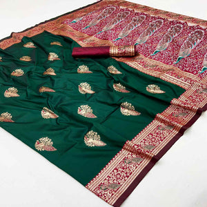 Classic Green Silk Blend Saree With Ornate Peacock & Floral Zari Woven Motifs