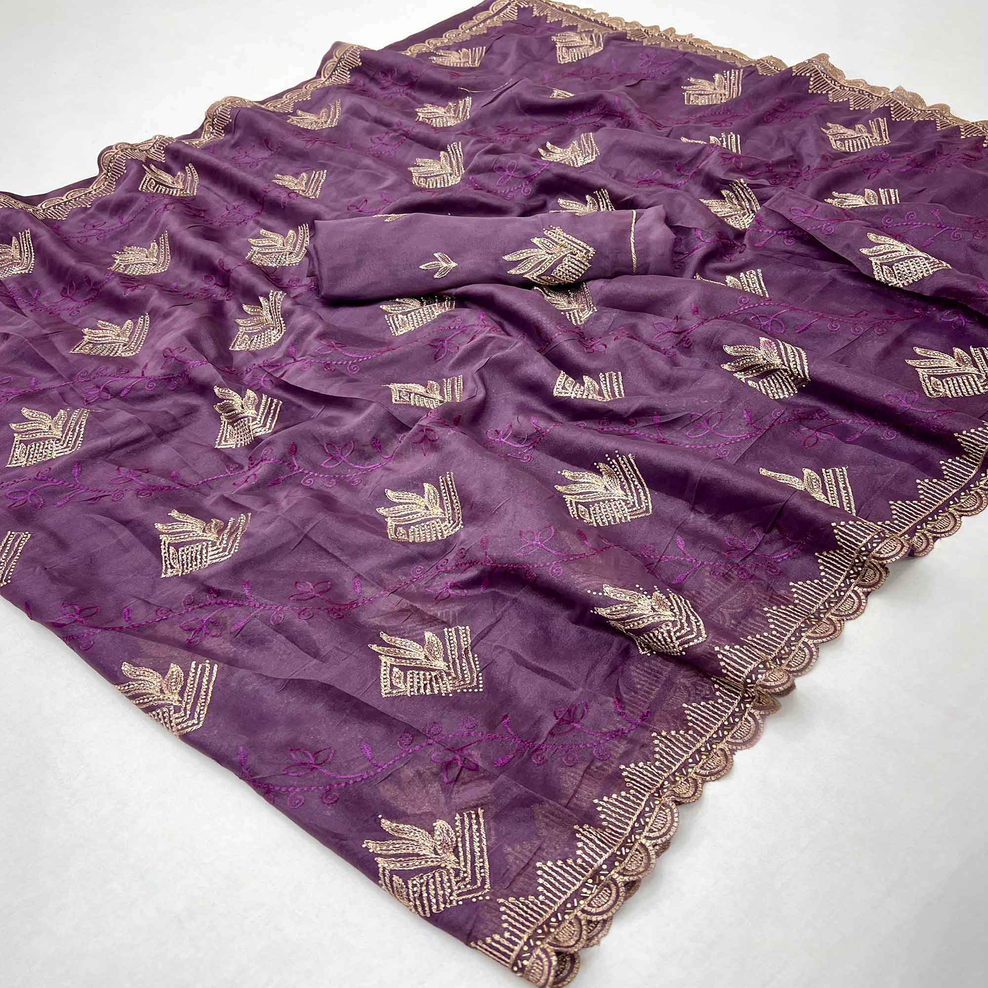 Elegant Purple Georgette Saree Accented With Intricate Floral Thread Embroidery