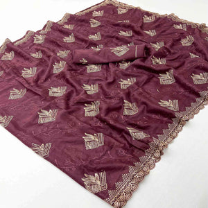 Elegant Wine Georgette Saree Accented With Intricate Floral Thread Embroidery