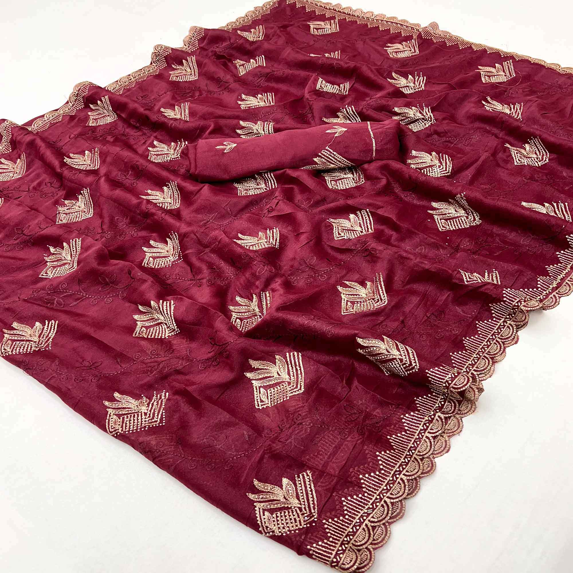 Elegant Maroon Georgette Saree Accented With Intricate Floral Thread Embroidery
