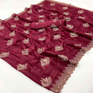 Elegant Maroon Georgette Saree Accented With Intricate Floral Thread Embroidery