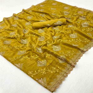 Elegant Mustard Georgette Saree Accented With Intricate Floral Thread Embroidery