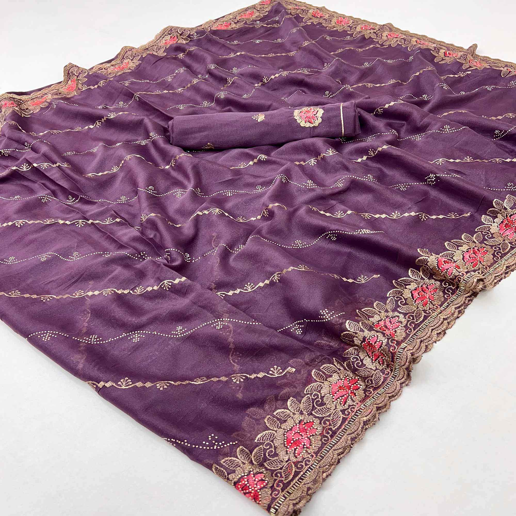Graceful Lavender Floral Thread & Zari Embroidered Georgette Saree