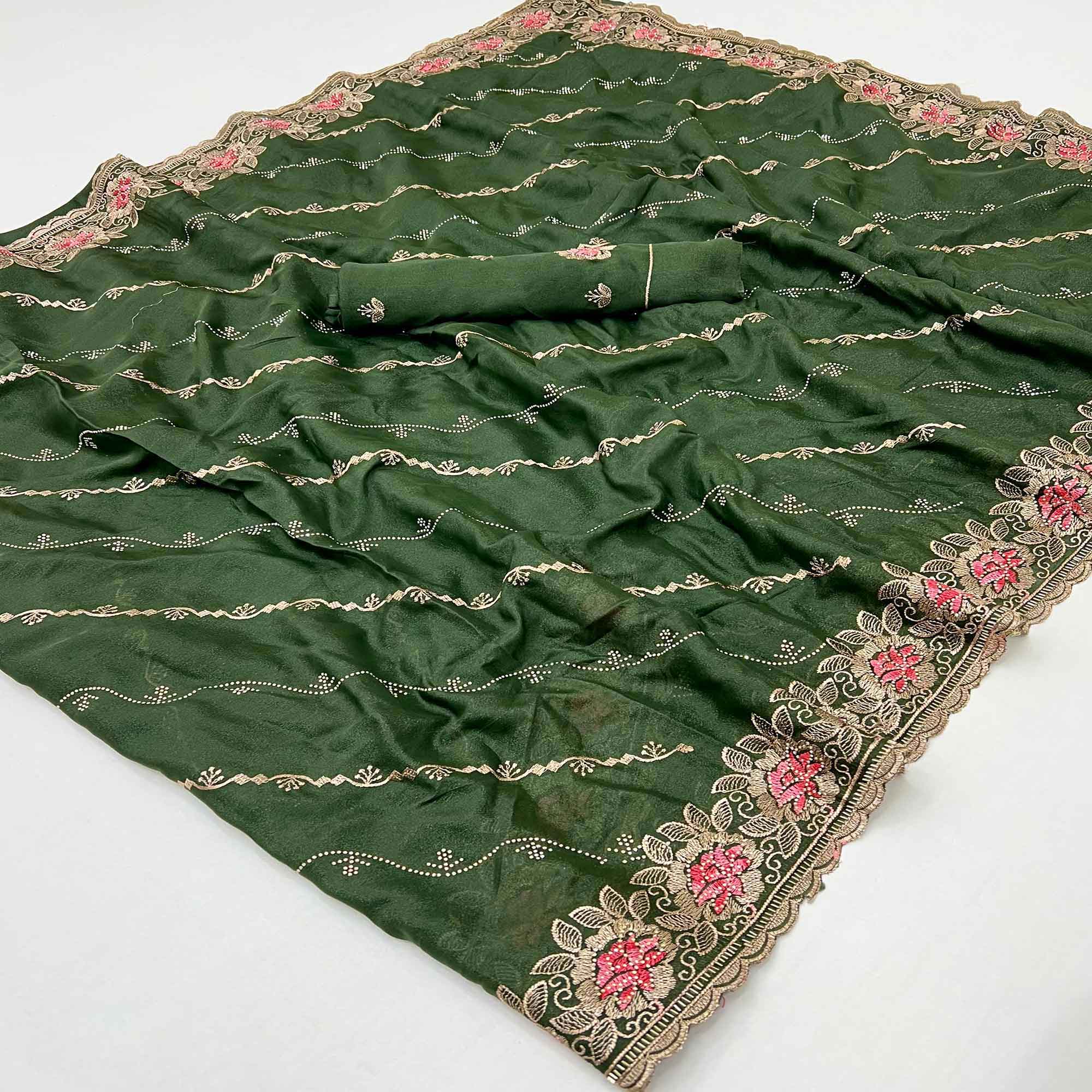 Graceful Green Floral Thread & Zari Embroidered Georgette Saree