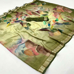 Graceful Green Georgette Saree Accented With Digital Prints & Viscose Border Finish