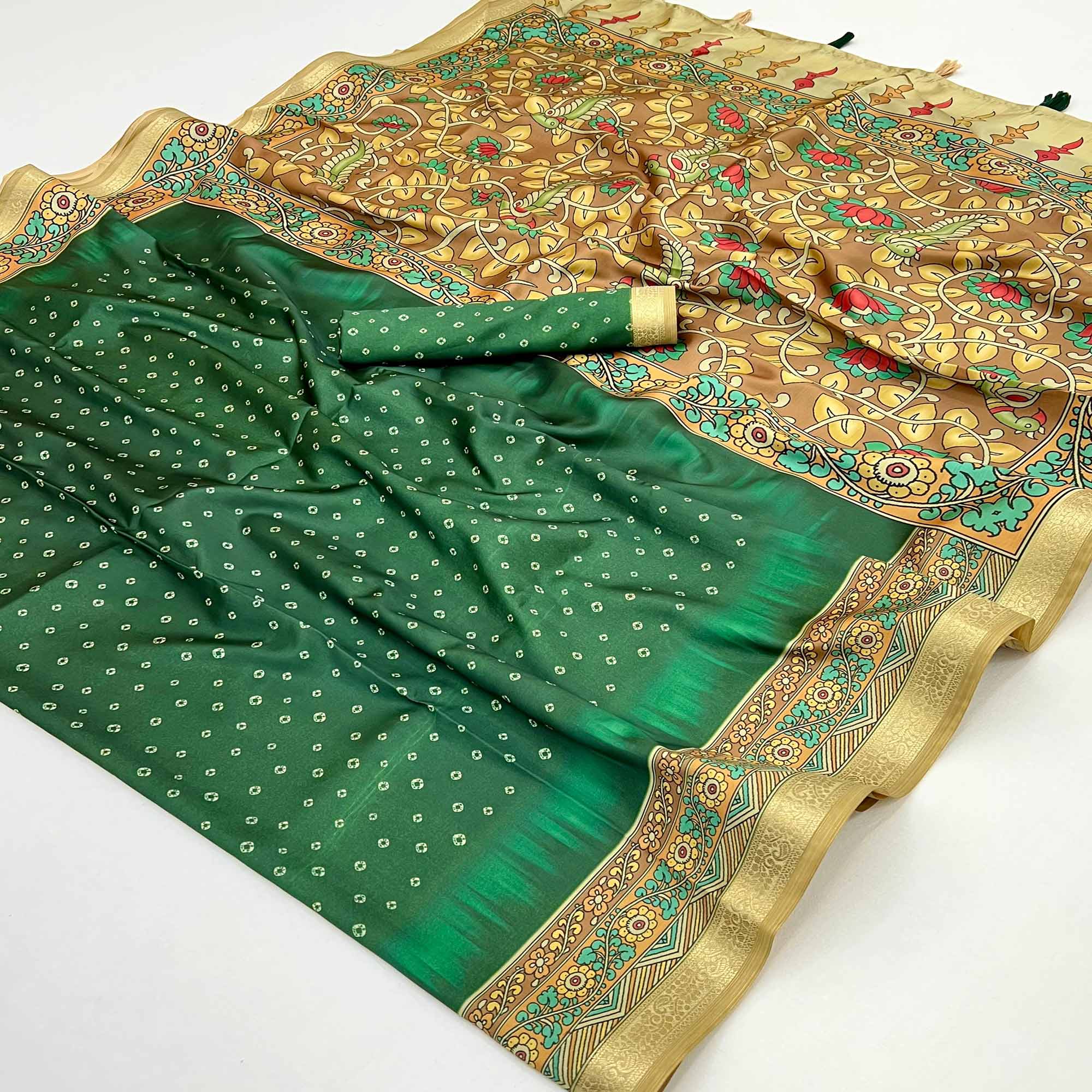 Green Traditional Bandhani & Floral Digital Printed Art Silk Saree With Peacock Motif Pallu