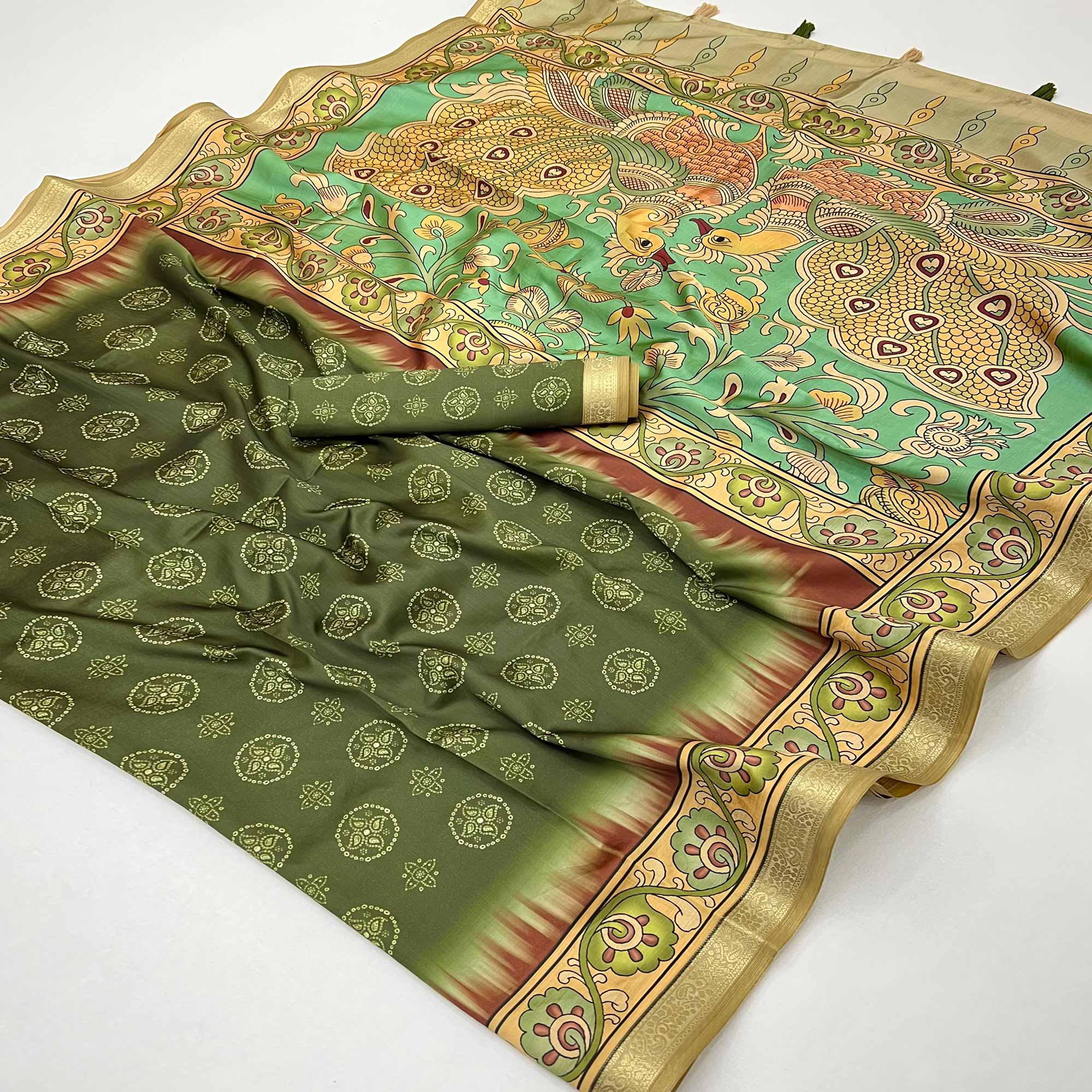 Mehendi Green Traditional Bandhani & Floral Digital Printed Art Silk Saree With Peacock Motif Pallu