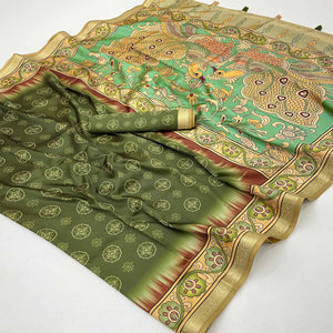 Mehendi Green Traditional Bandhani & Floral Digital Printed Art Silk Saree With Peacock Motif Pallu