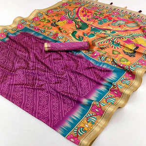 Purple Traditional Bandhani & Floral Digital Printed Art Silk Saree With Peacock Motif Pallu