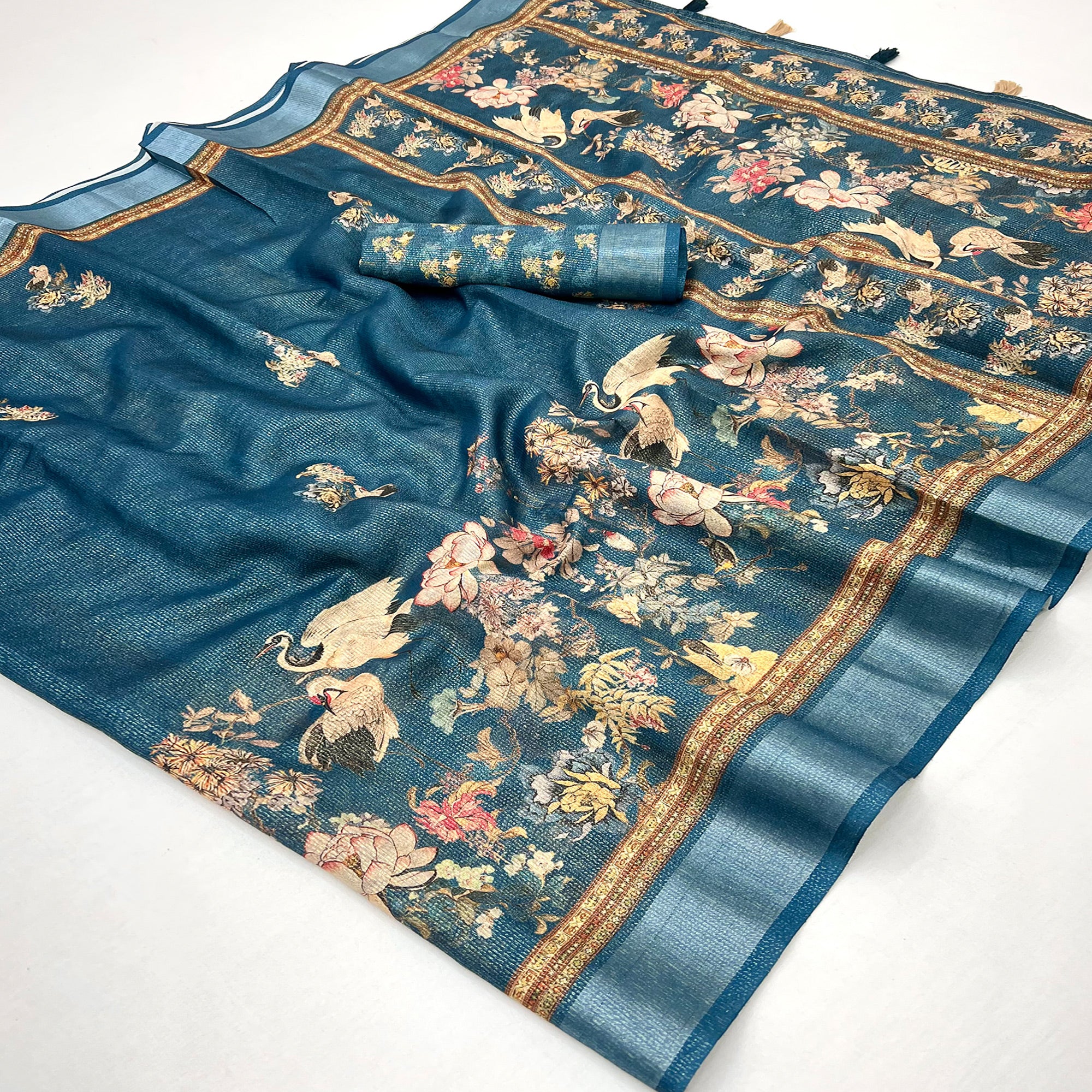 Blue Floral Digital Printed Cotton Blend Weaving Zari Saree With Tassel Pallu