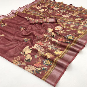 Maroon Floral Digital Printed Cotton Blend Weaving Zari Saree With Tassel Pallu