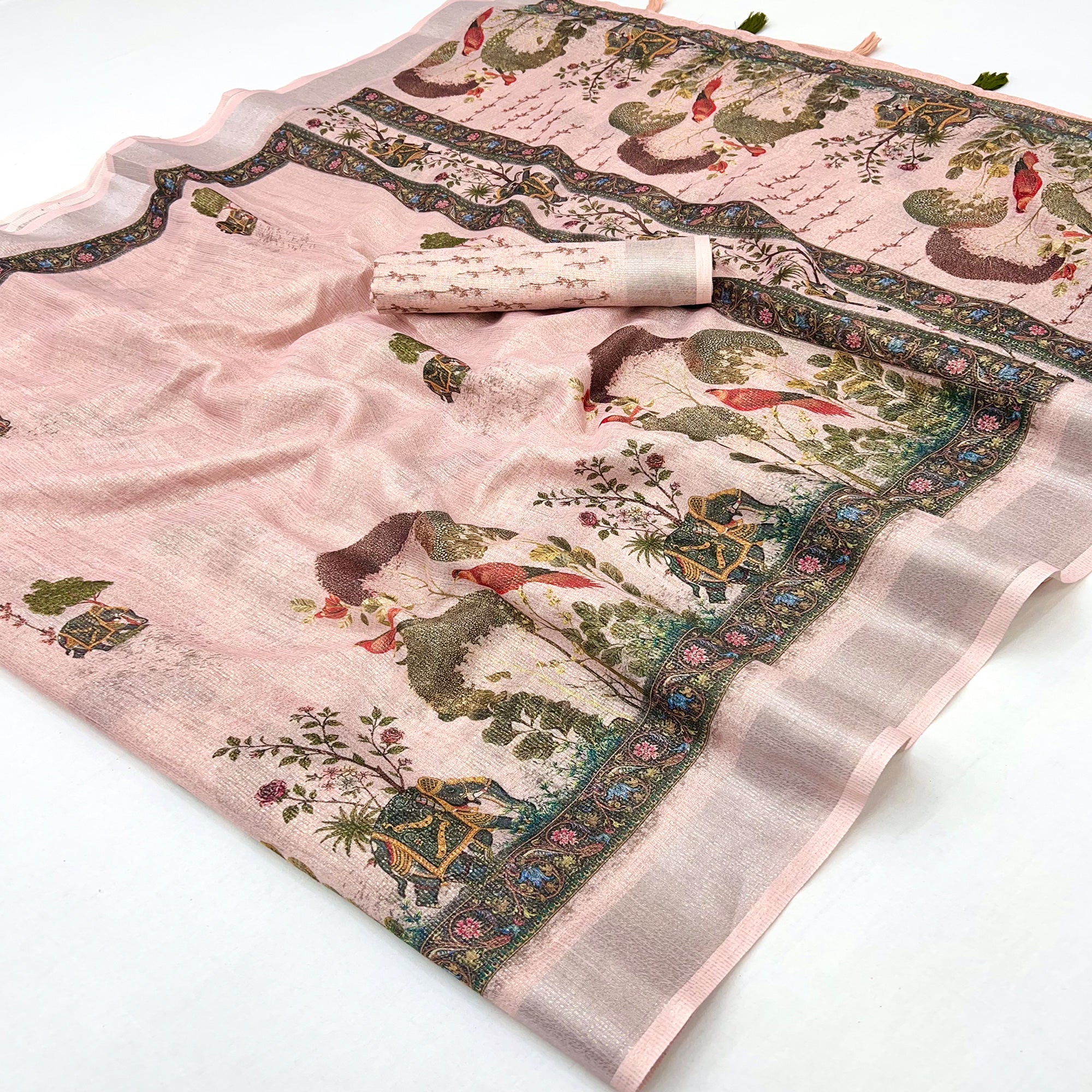 Pink Floral Digital Printed Cotton Blend Weaving Zari Saree With Tassel Pallu