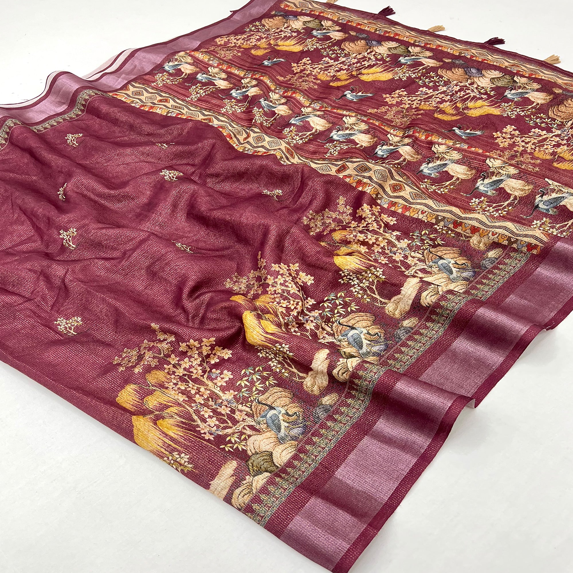 Wine Floral Digital Printed Cotton Blend Weaving Zari Saree With Tassel Pallu