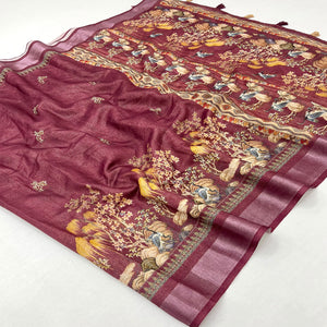 Wine Floral Digital Printed Cotton Blend Weaving Zari Saree With Tassel Pallu