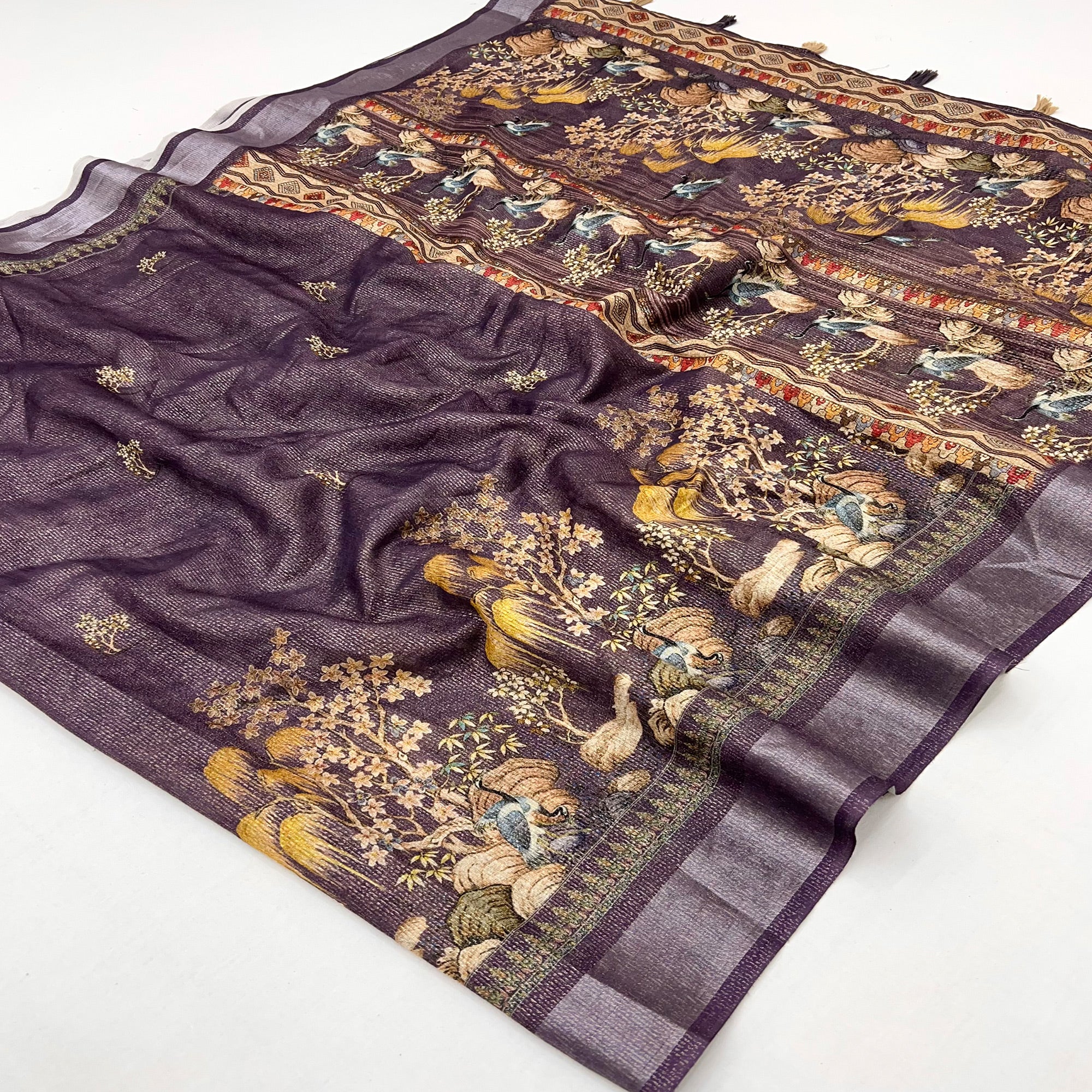 Purple Floral Digital Printed Cotton Blend Weaving Zari Saree With Tassel Pallu