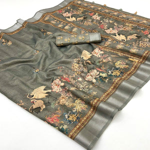 Grey Floral Digital Printed Cotton Blend Weaving Zari Saree With Tassel Pallu