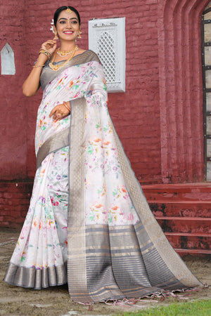 Light Grey Floral Digital Printed Silk Blend Saree With Intricate Weaving Border & Tassel Pallu