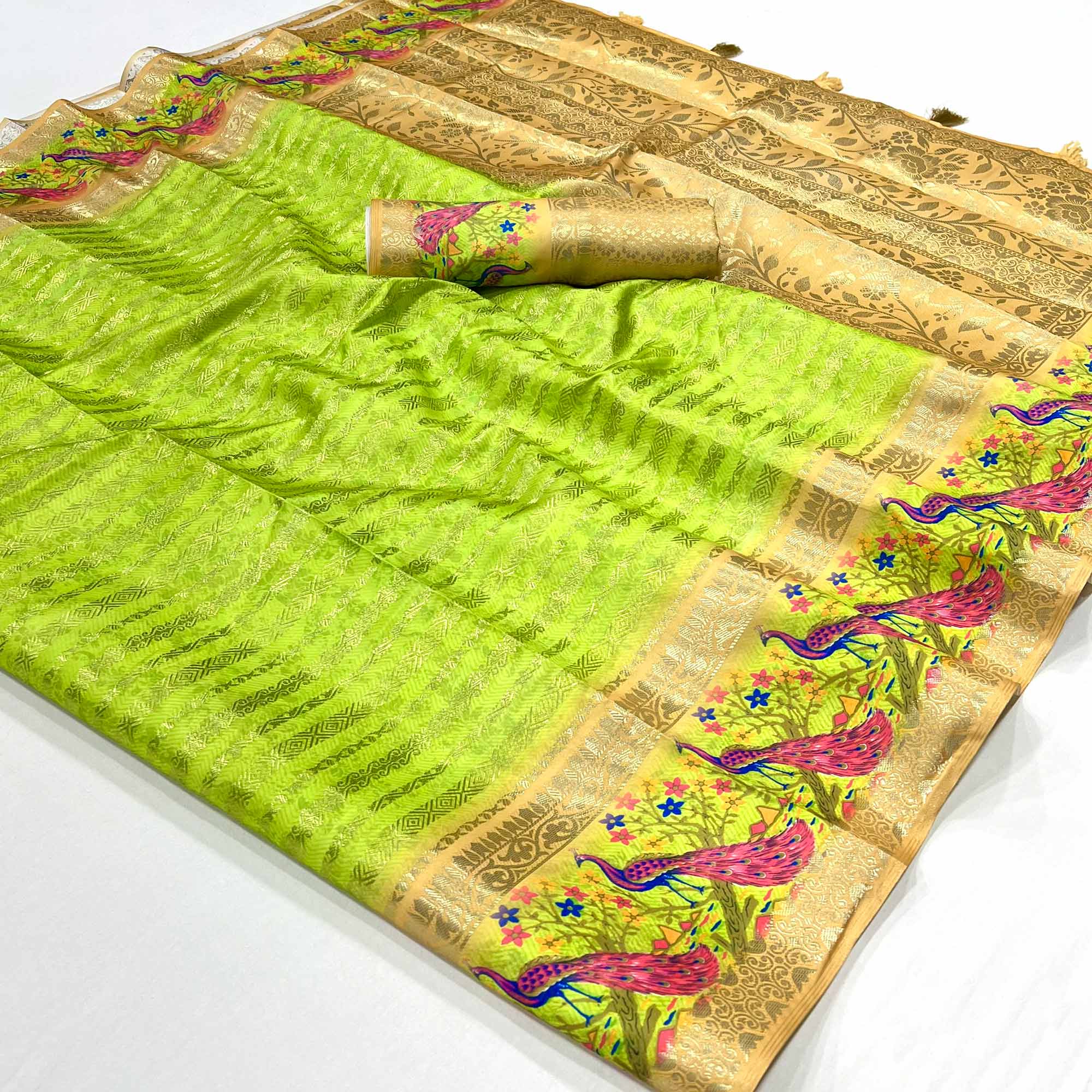 Green Woven With Digital Printed Raw Silk Saree