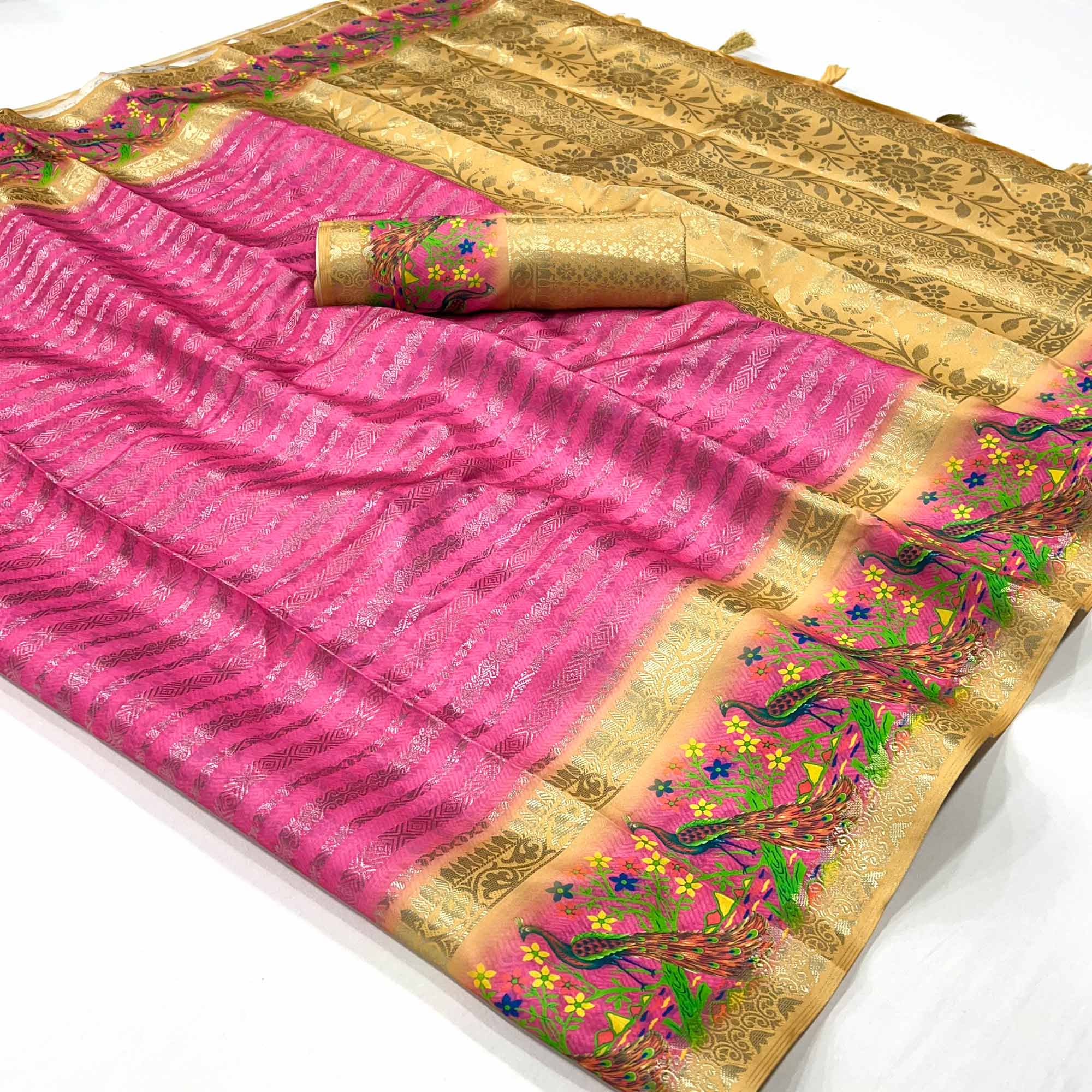 Pink Woven With Digital Printed Raw Silk Saree