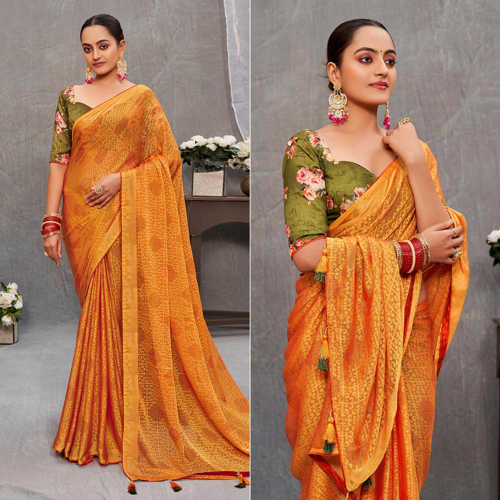 Mustard Printed Brasso Saree