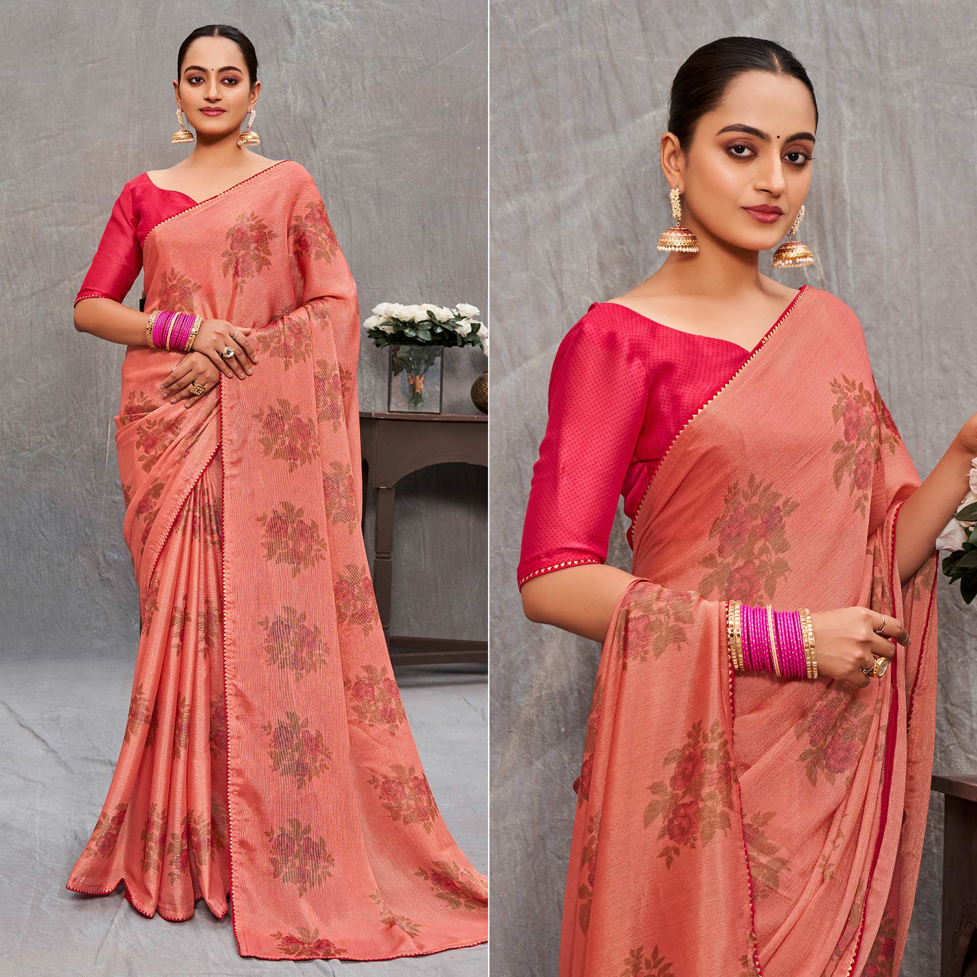 Peach Floral Printed Brasso Saree