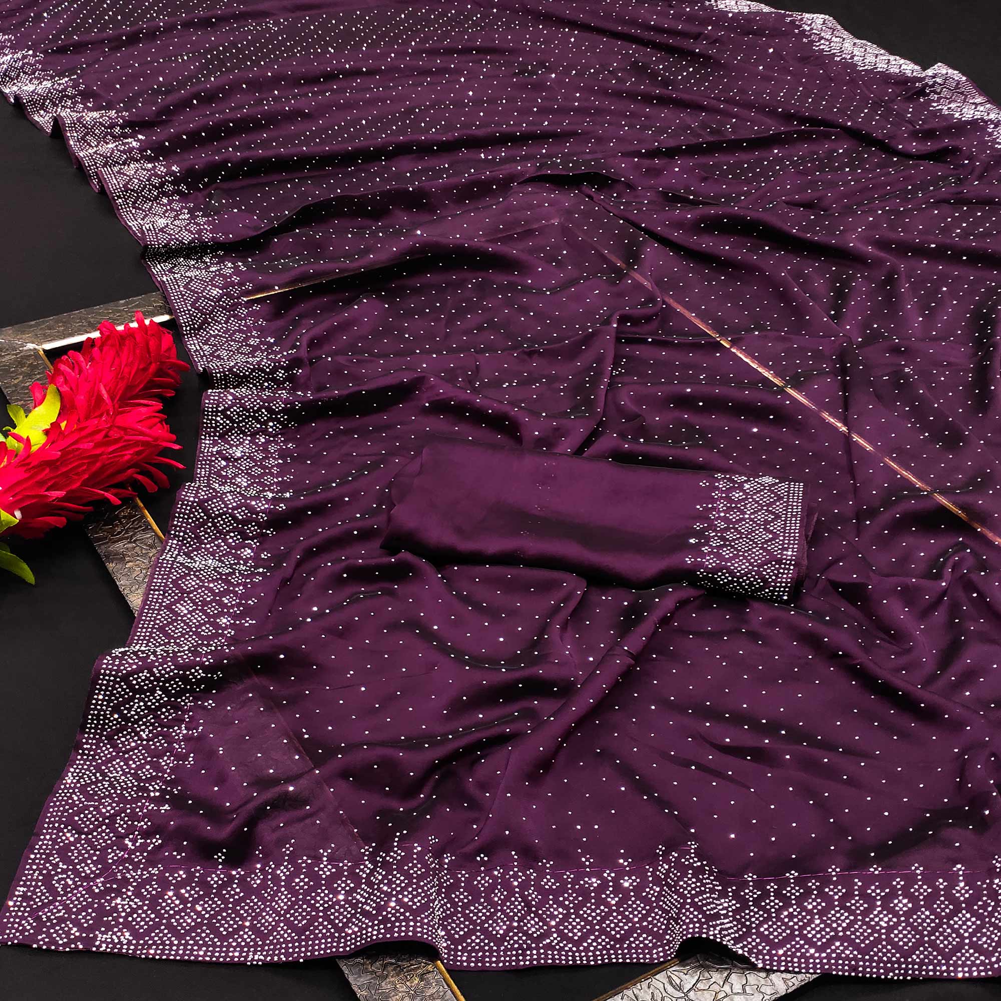 Wine Swarovski Work Satin Saree