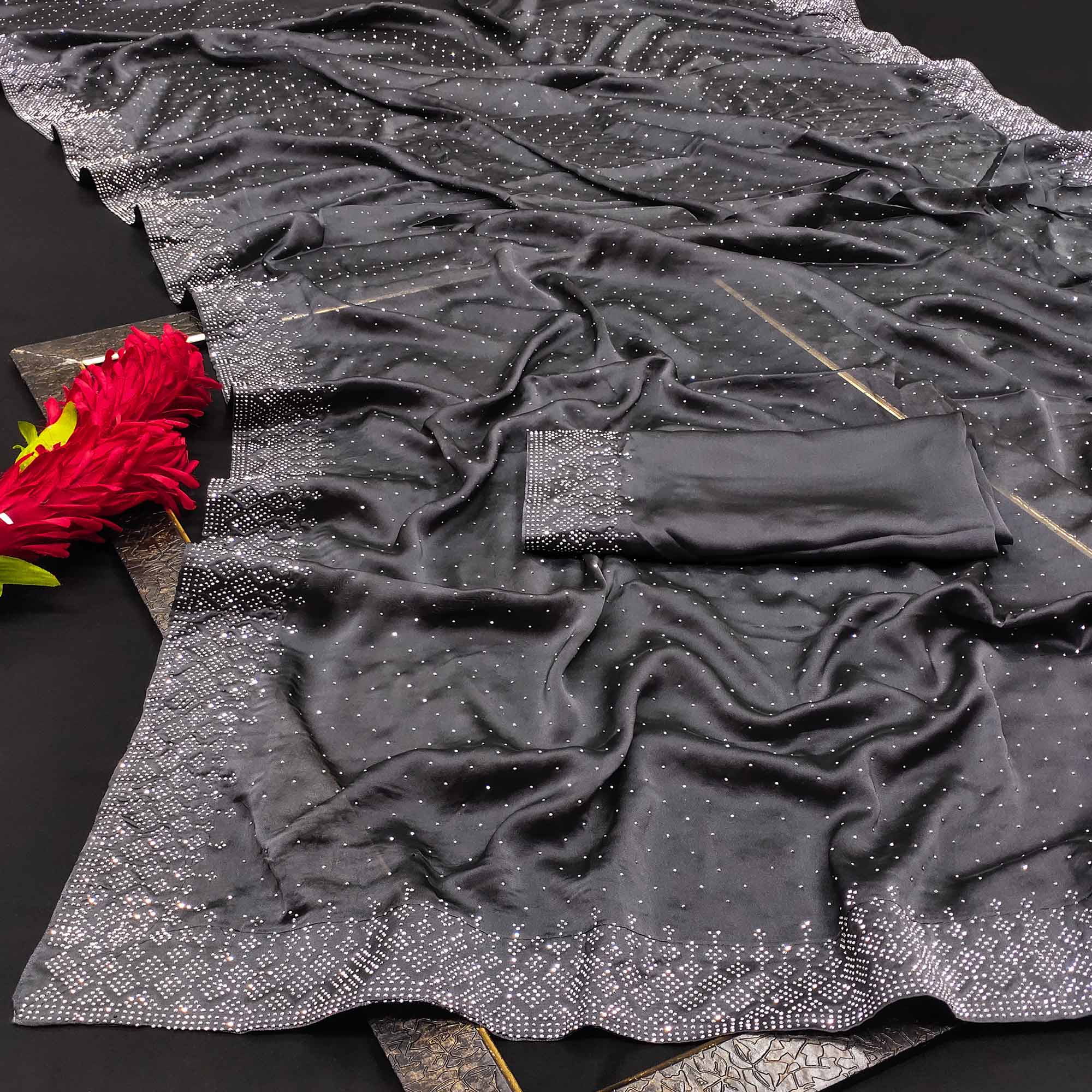 Grey Swarovski Work Satin Saree