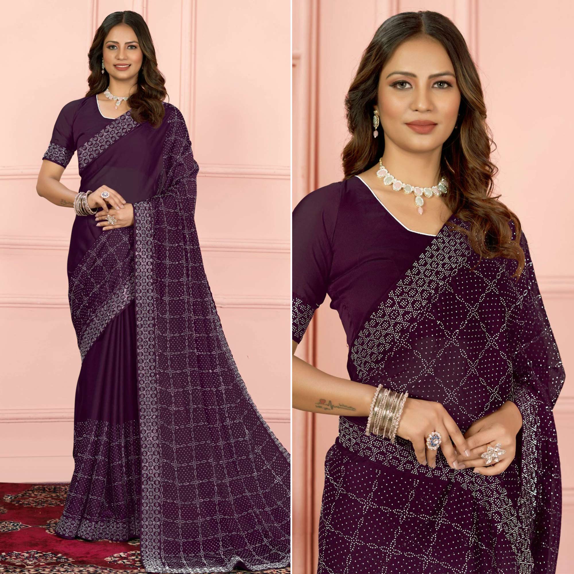 Wine Swarovski Work Satin Saree