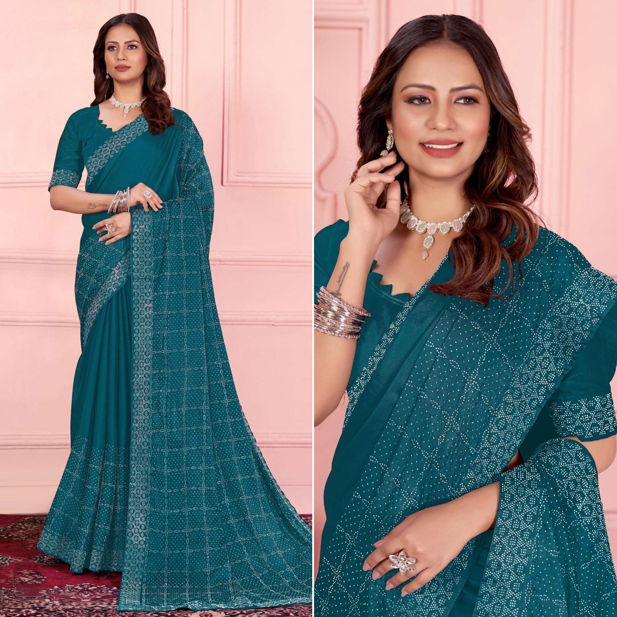 Teal Swarovski Work Satin Saree