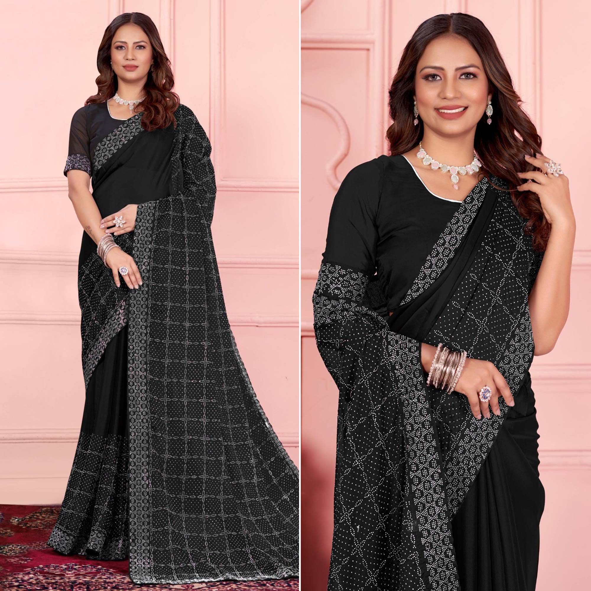 Black Swarovski Work Satin Saree
