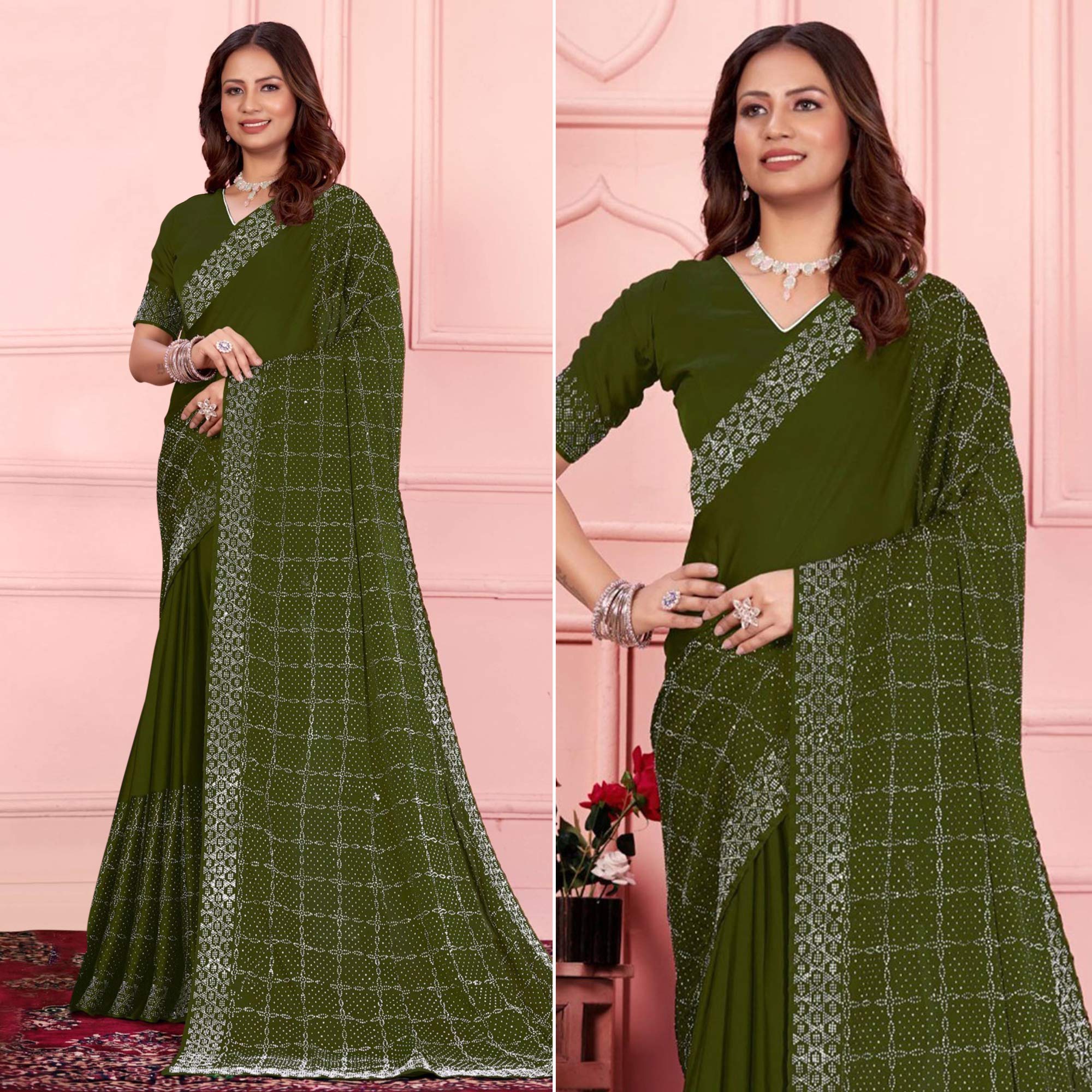 Mehendi Green Swarovski Work Satin Saree