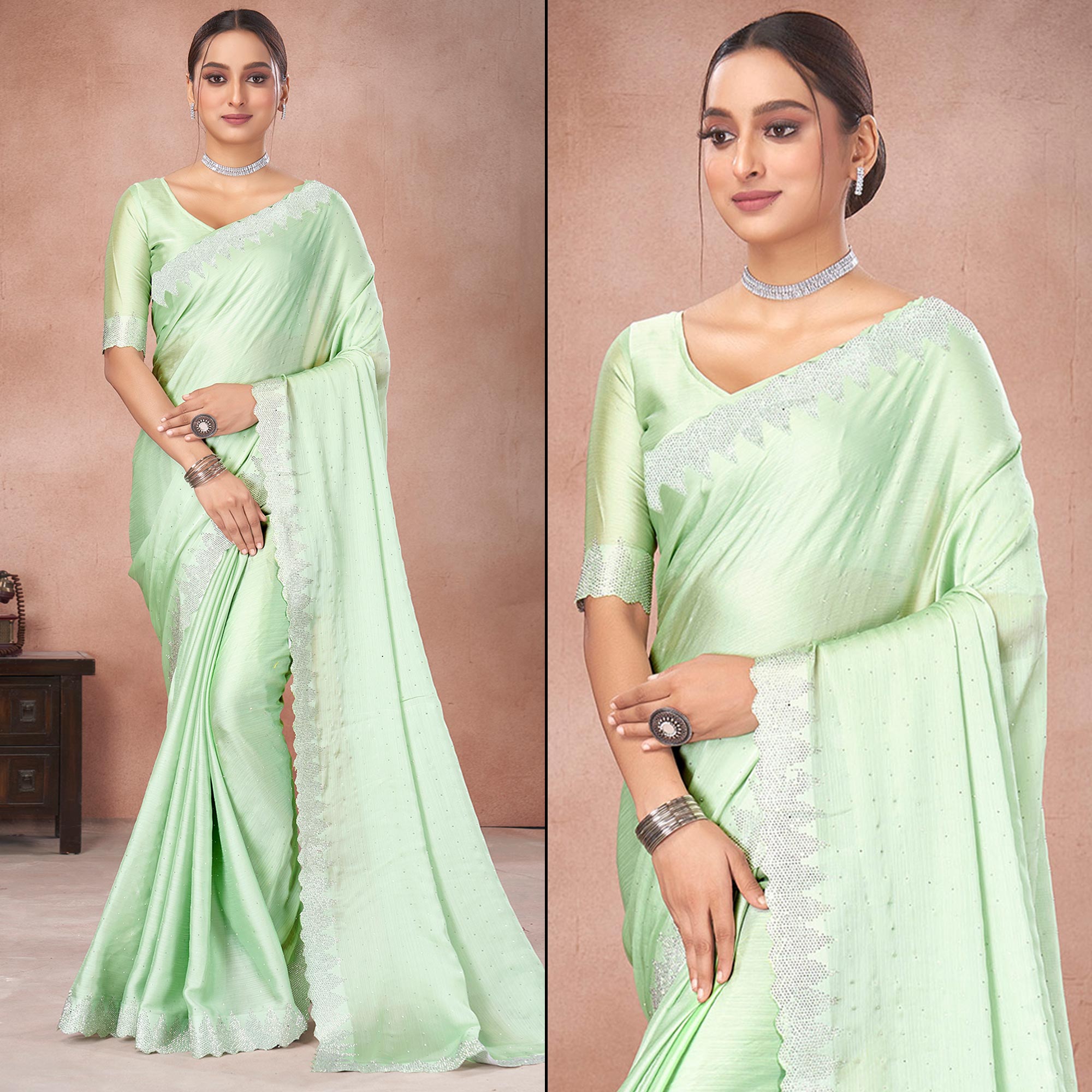 Pista Green Swarovski Work Satin Saree