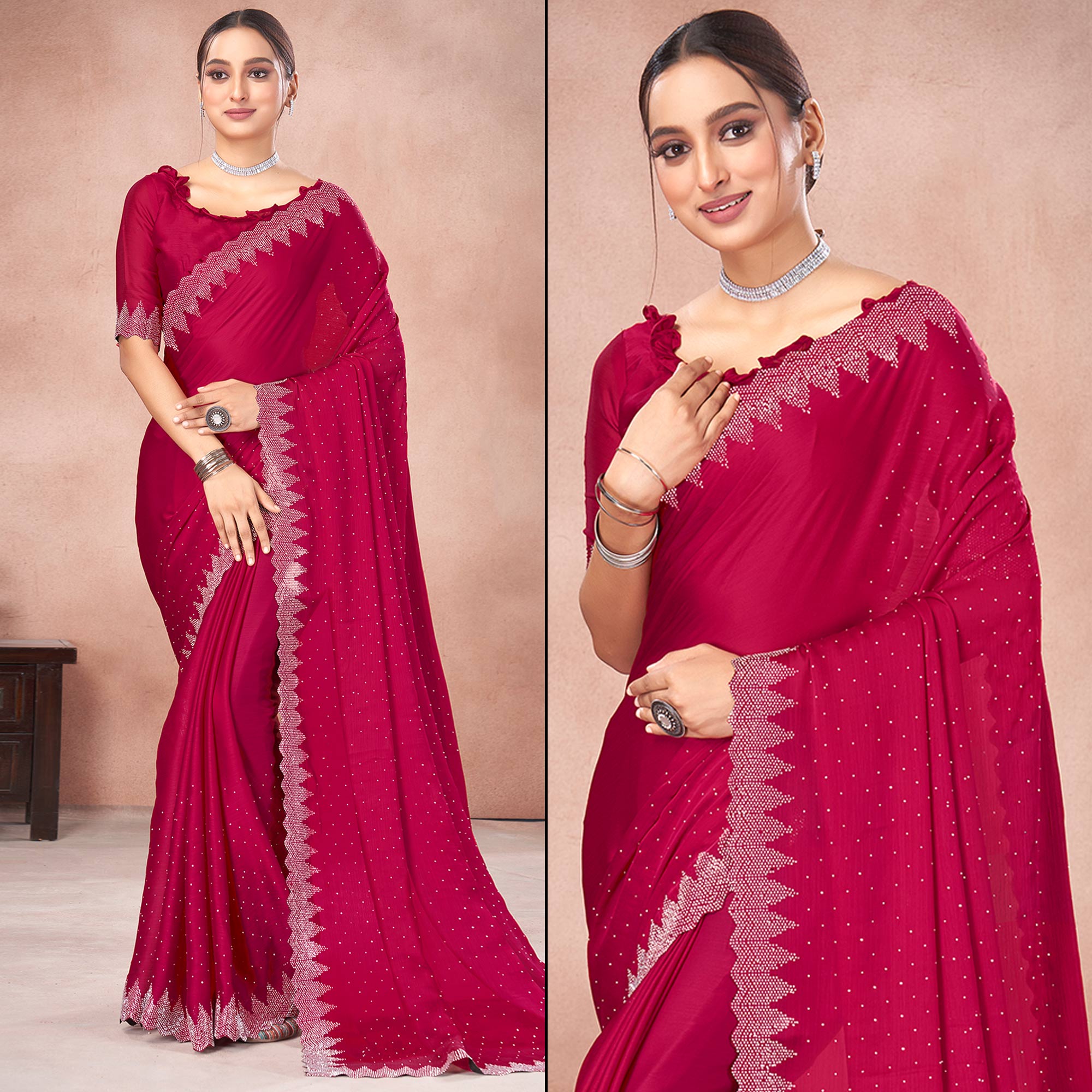 Pink Swarovski Work Satin Saree