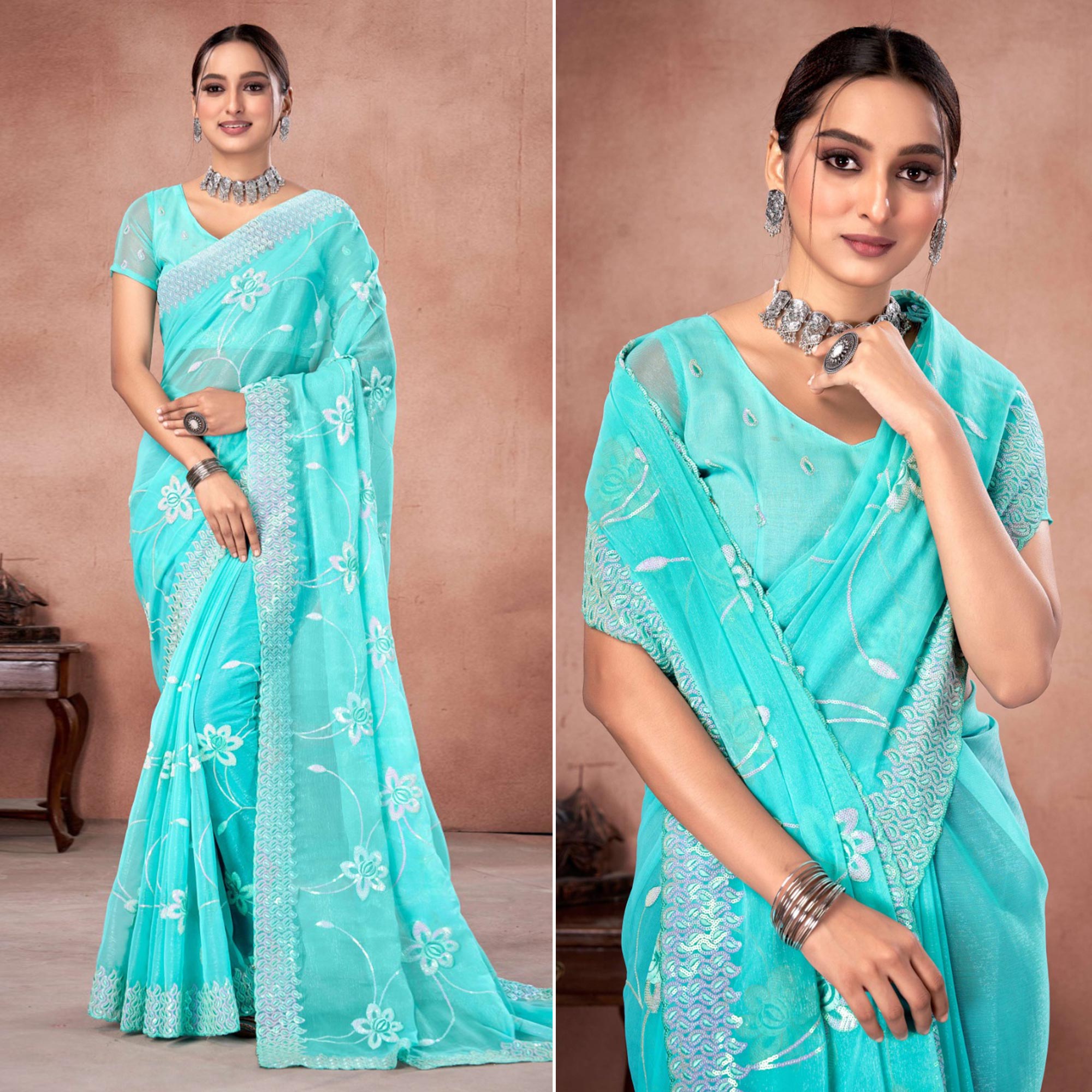 Blue Floral Sequins Embroidered Chiffon Saree