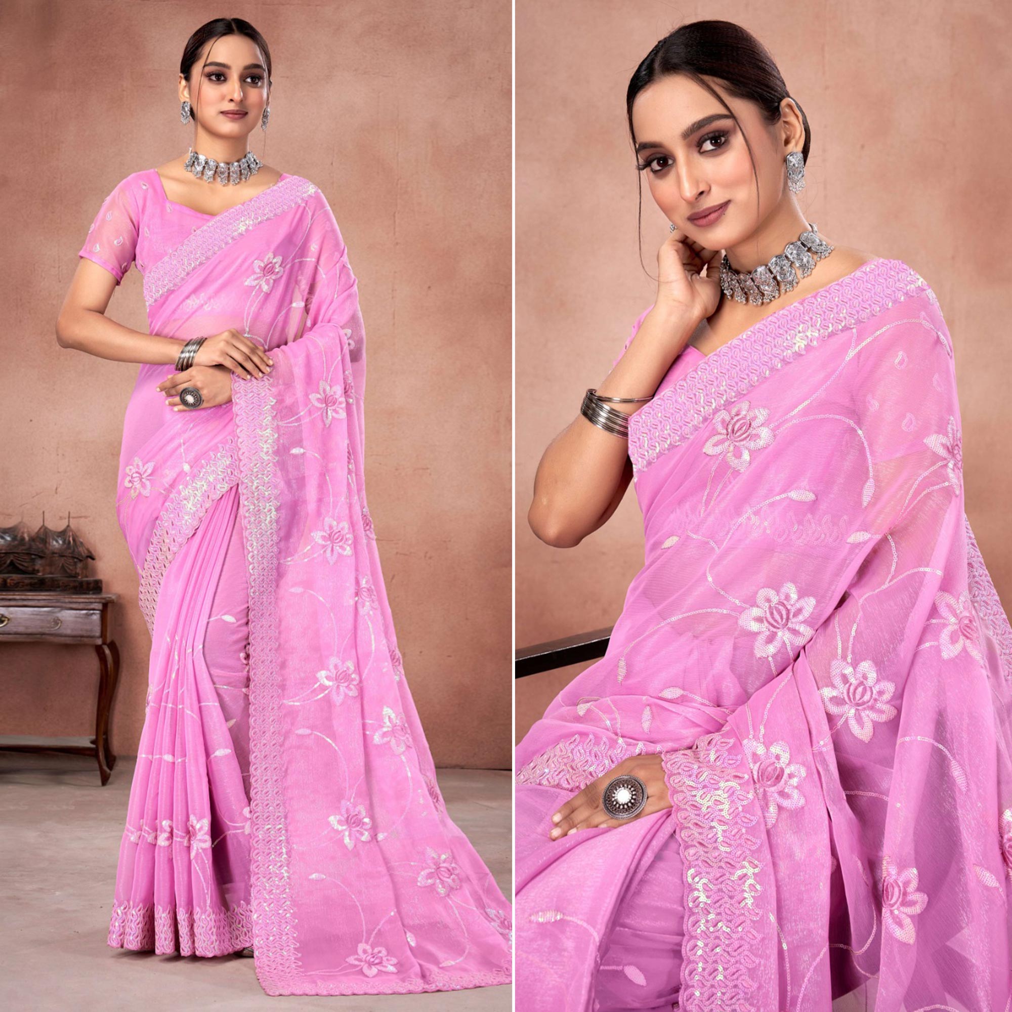 Pink Floral Sequins Embroidered Chiffon Saree