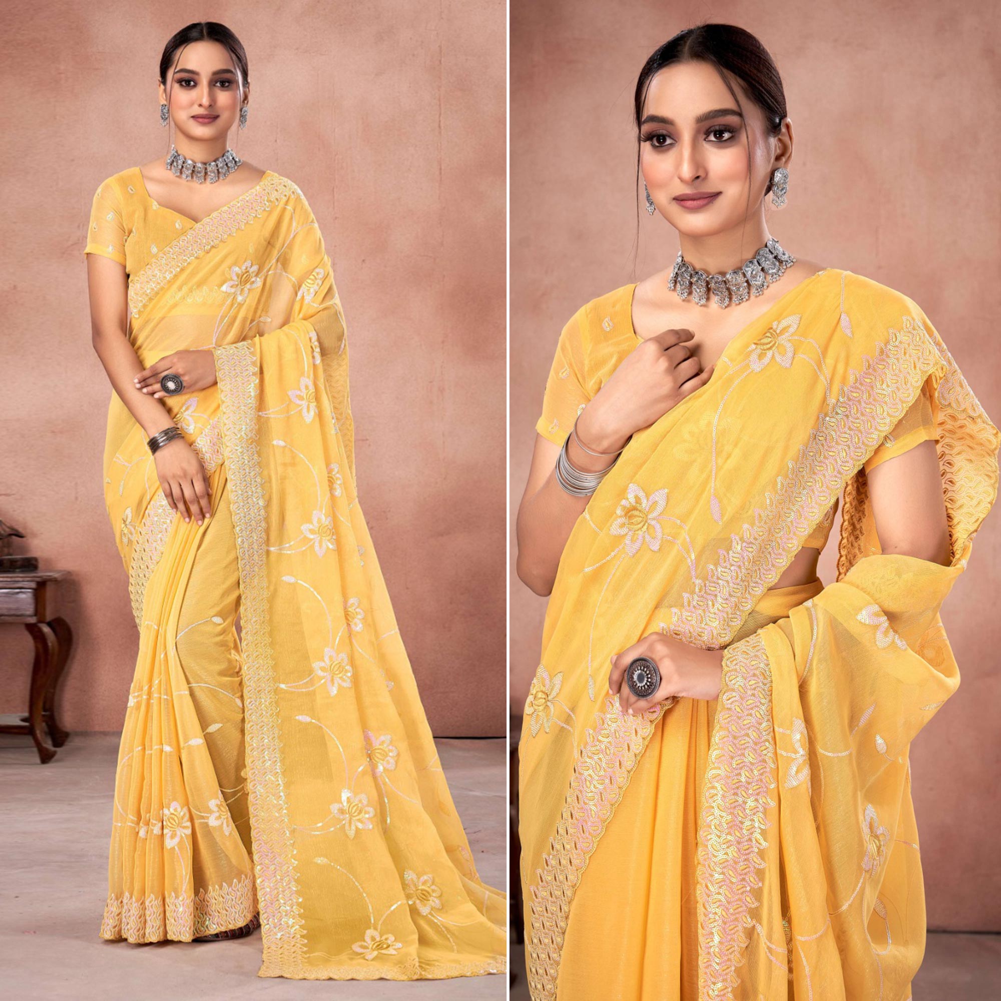 Yellow Floral Sequins Embroidered Chiffon Saree