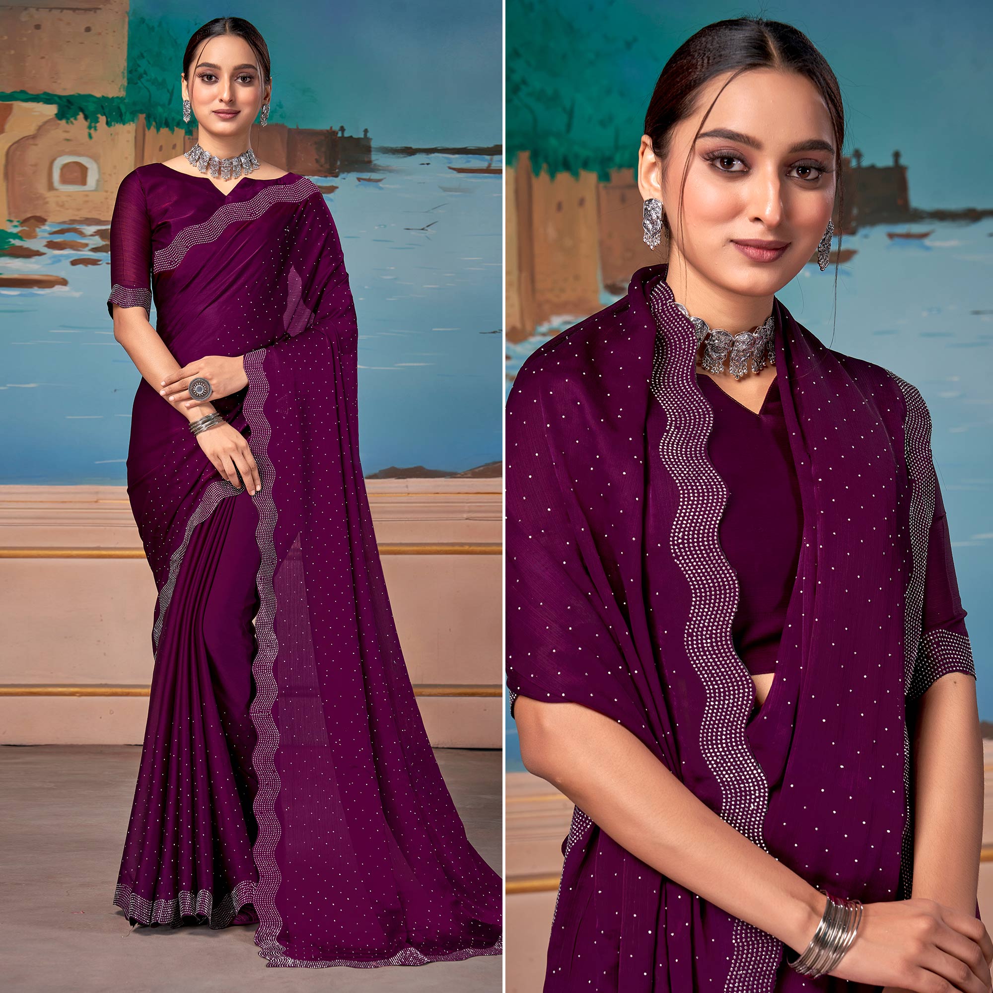 Wine Swarovski Work Satin Saree