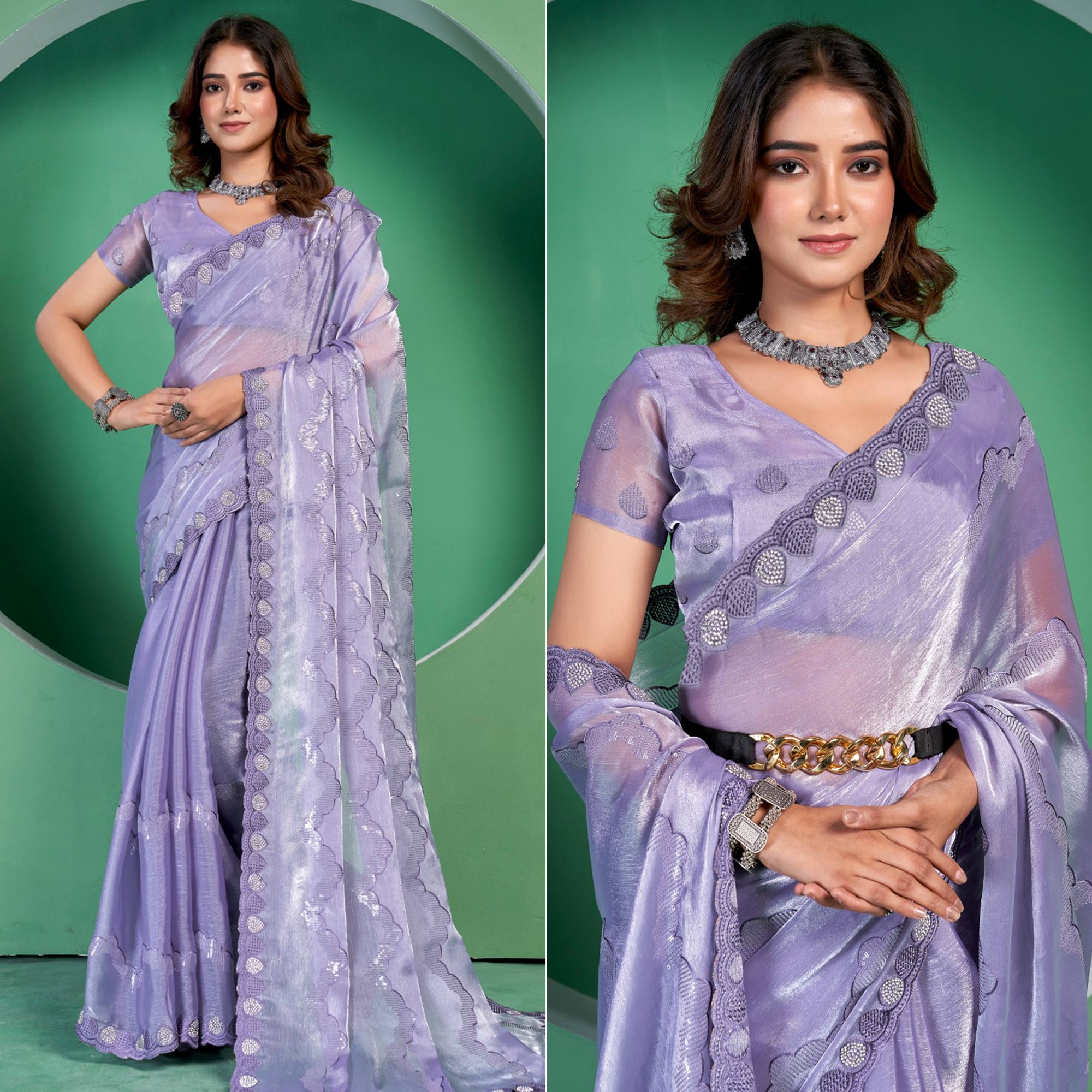 Purple Sequins Embroidered Chiffon Saree With Diamond Border