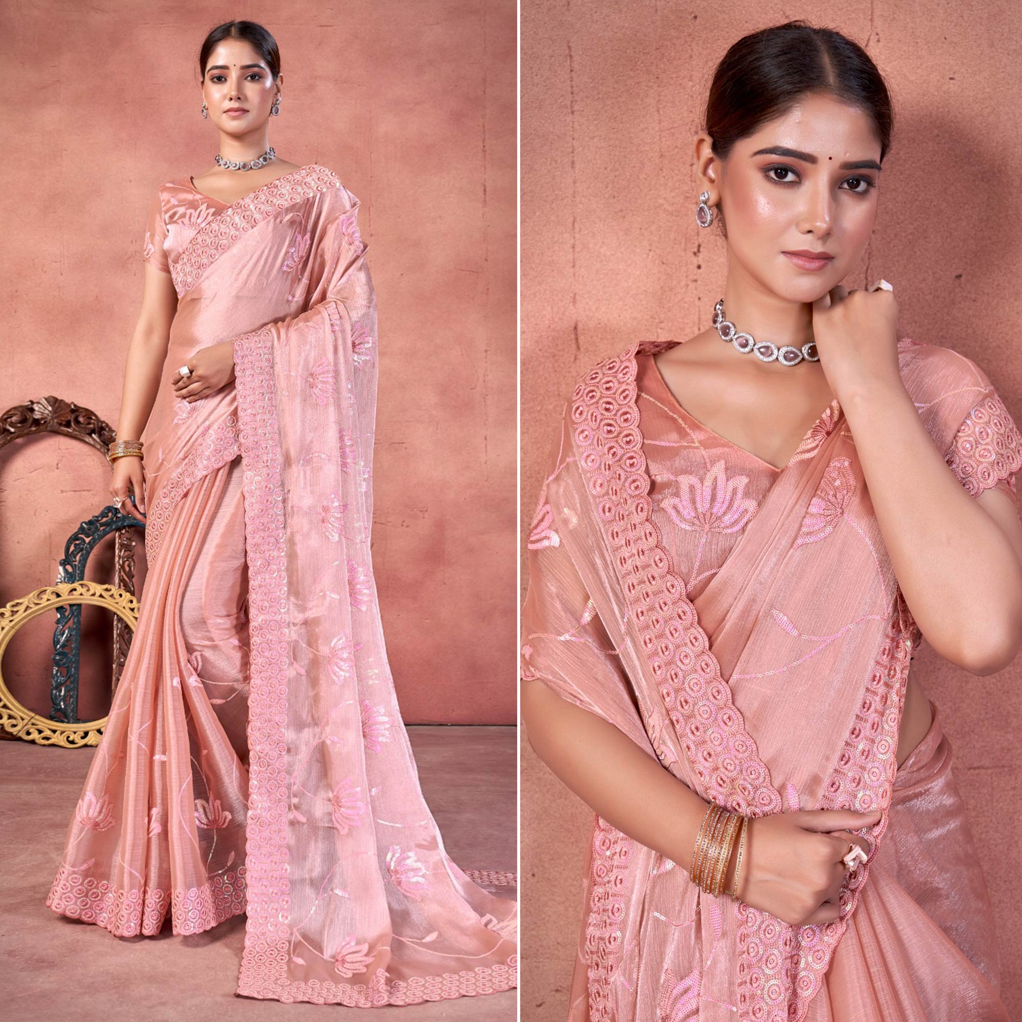 Peach Floral Sequins Embroidered chiffon Saree
